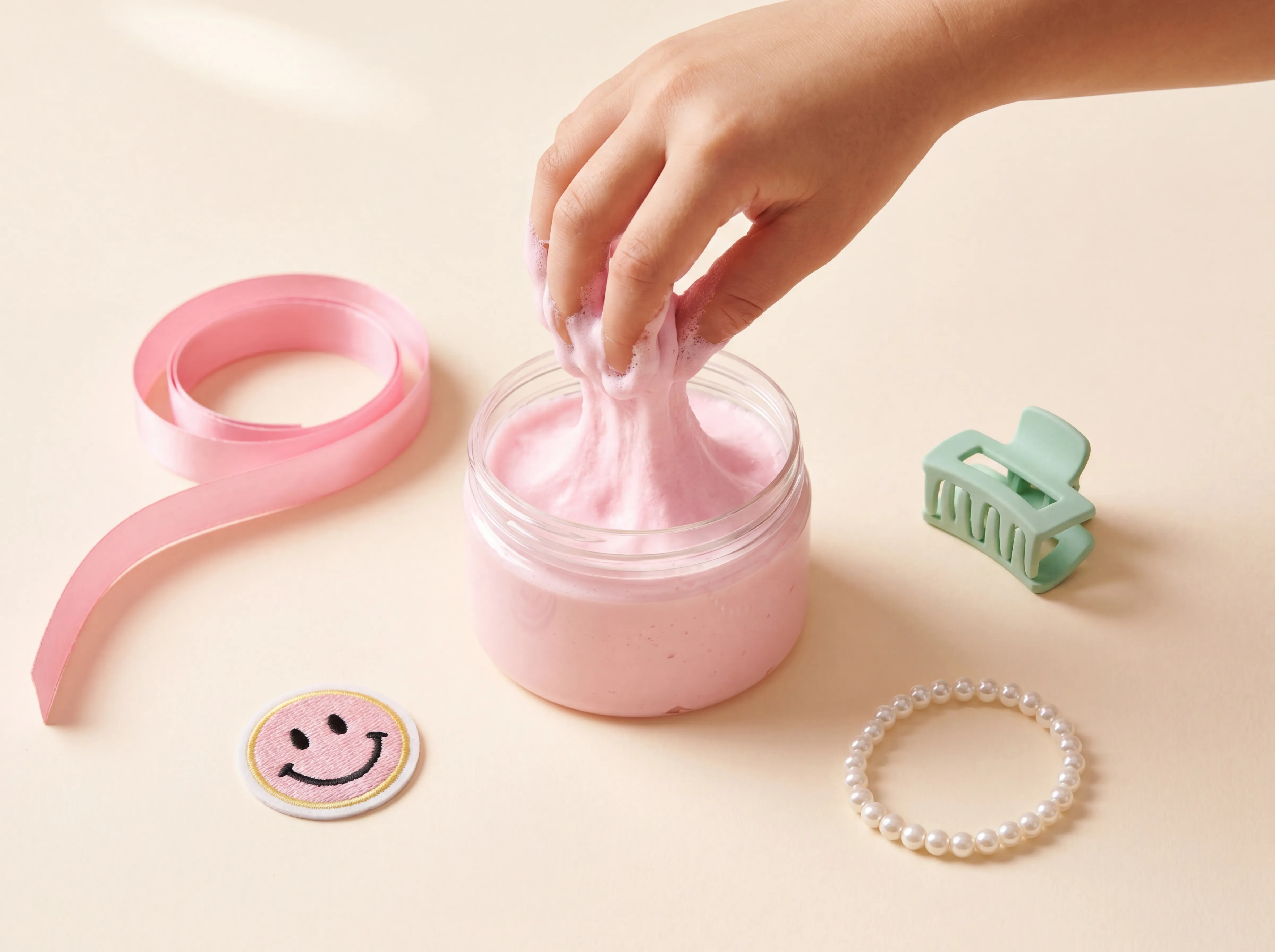 Ella's Preppy Shoppe — a hand reaching into a jar of pastel-pink cloud slime, styled with preppy accessories
